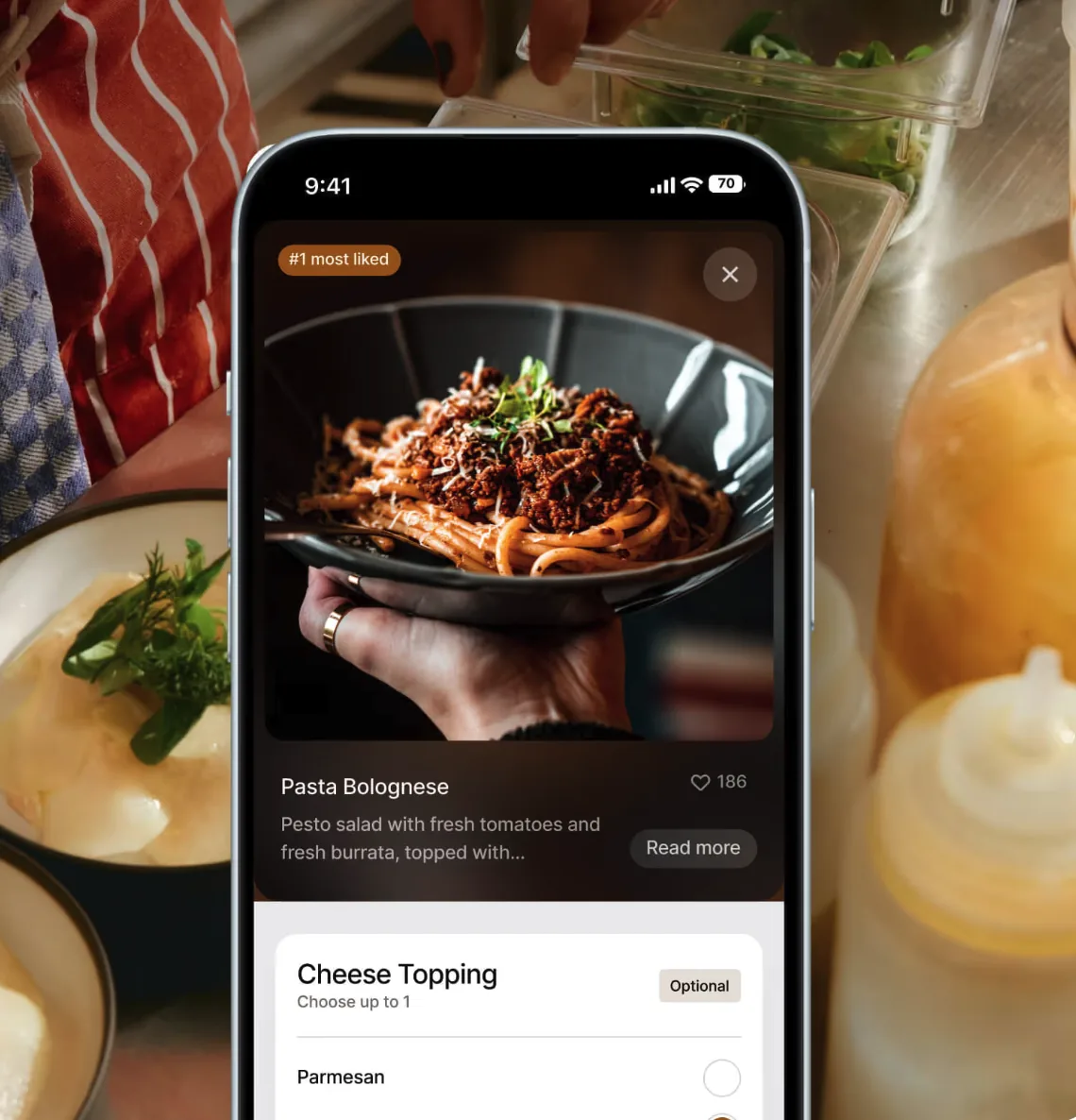 Owner.com branded restaurant app showing a pasta dish and ordering options